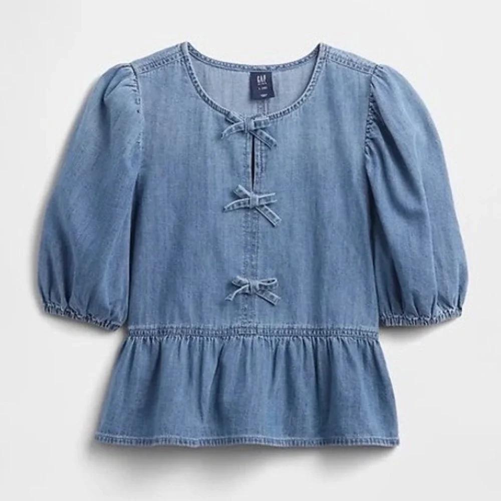 Gap Kids Girls Blue Denim Bow Front Peplum Puff Sleeve Top XXL 14-16